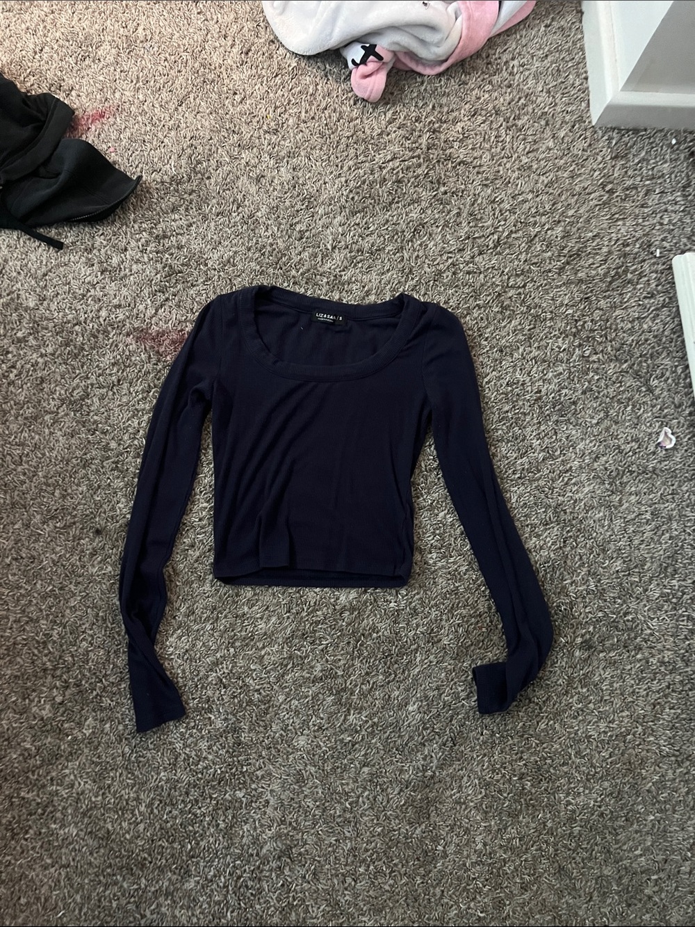 Long-Sleeve Scoop Neck Crop Top - Dark Blue